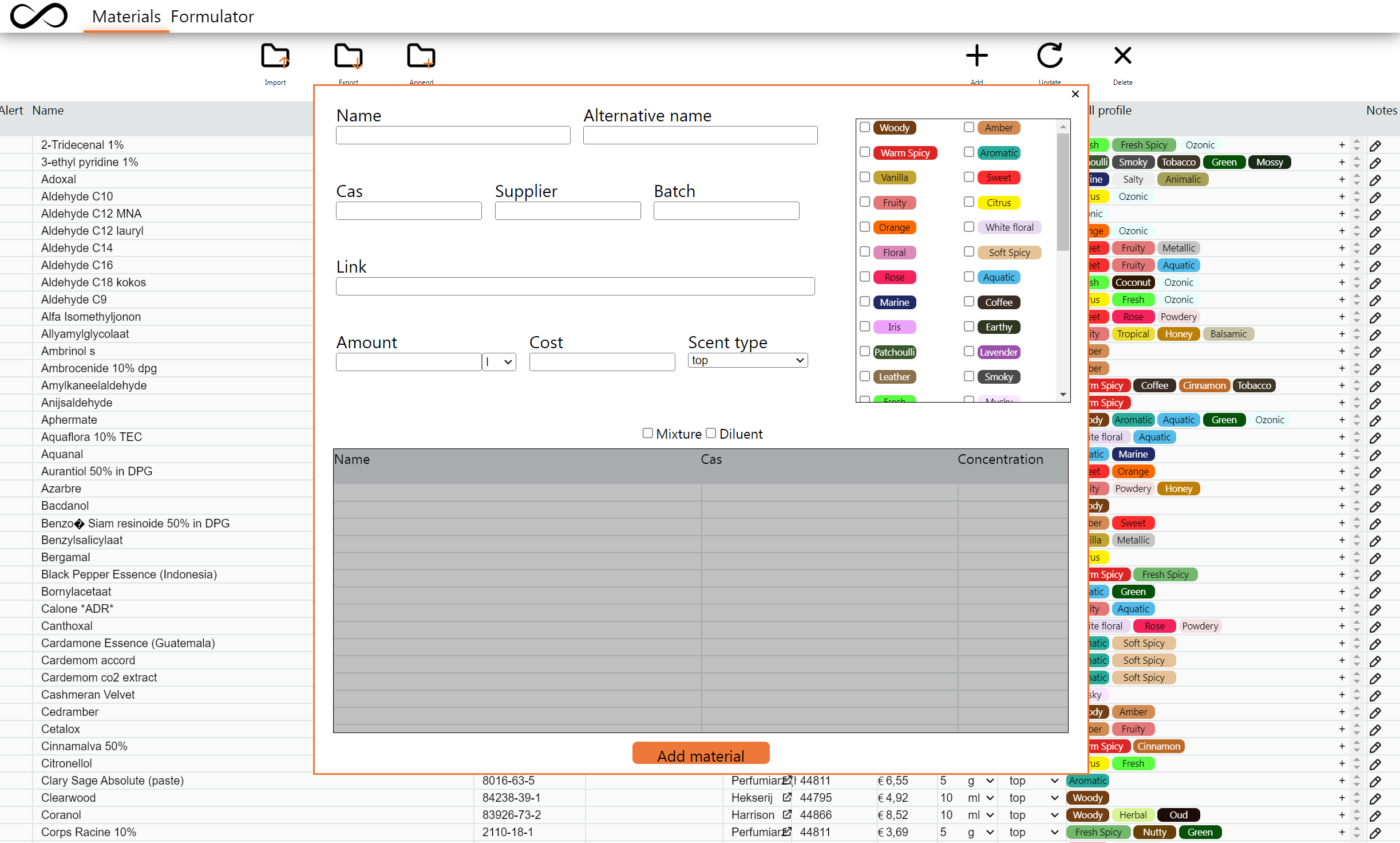 Hutspot formulator displaying the material view