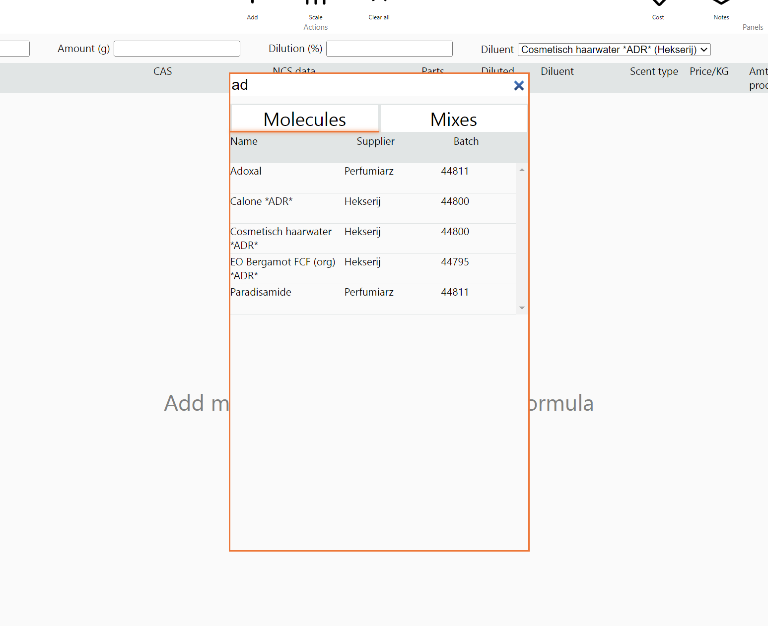 Hutspot formulator displaying the add material to formula screen